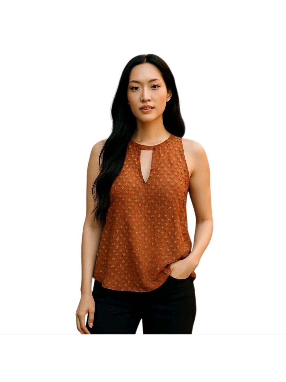 ASTR the Label Orange Geometric Pullover Sleeveless Open Back Blouse Size Small